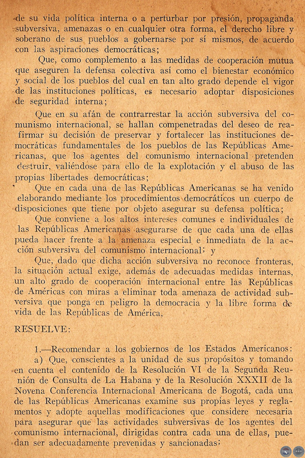COLORADISMO PARAGUAYO FRENTE A LA ORGANIZACIÓN COMUNISTA INTERNACIONAL, 1954 - FIRMADO POR ALFREDO STROESSNER (RESOLUCIÓN JUNTA DE LA ANR)